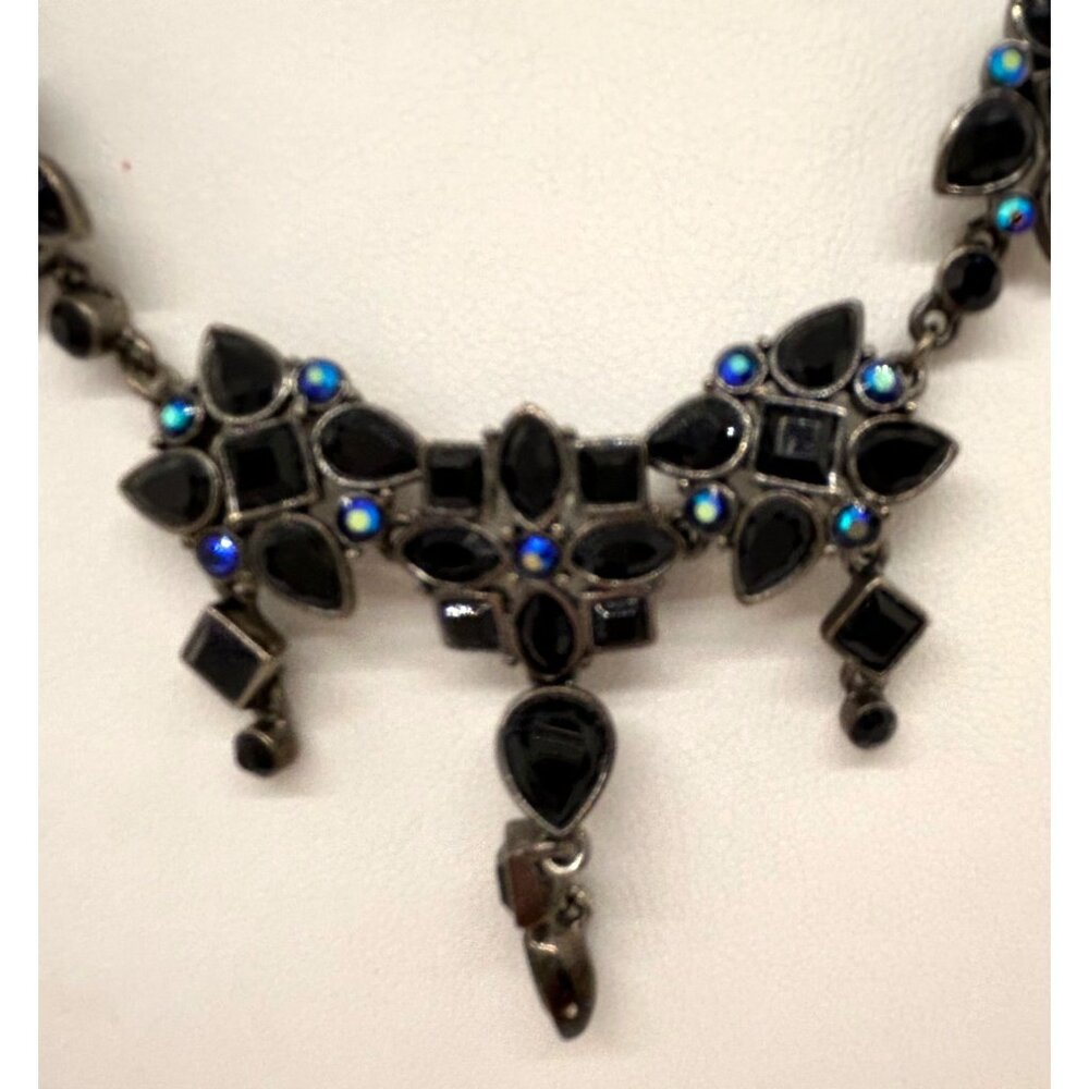 Black Glass Necklace Set Blue Aurora Borealis Crystals Earrings Bracelet Gothic - Picture 6 of 13